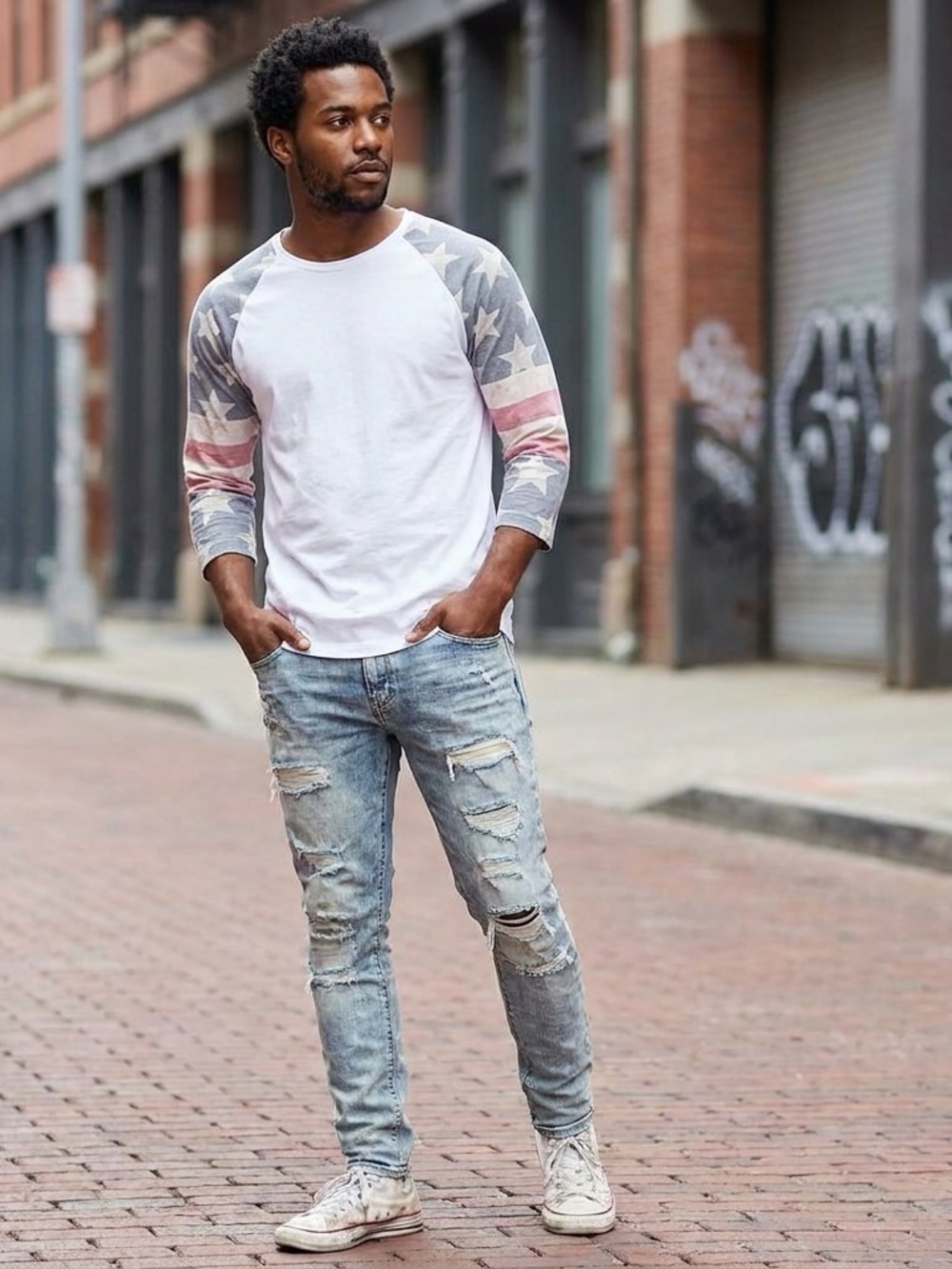 ASOS Raglan Shirt American Flag Stars Stripes Graphic Long Sleeve